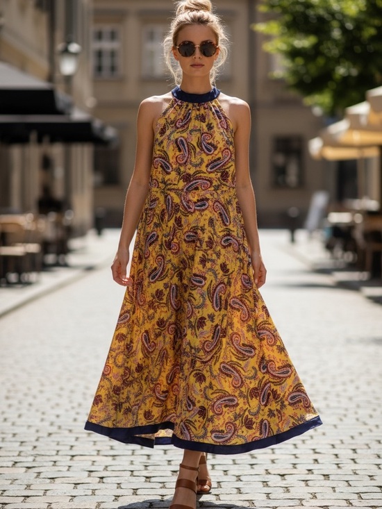 Eva Franco Dresses & Skirts - Eva Franco Halter Handkerchief Dress Mustard Paisley Floral MIDI Anthropologie